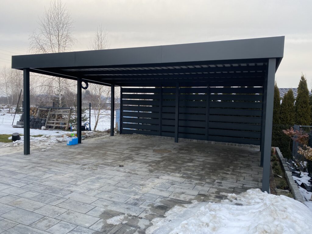 Carport dwustanowiskowy w modnym kolorze antracyt mat, solidna metalowa wiata garażowa na dwa samochody