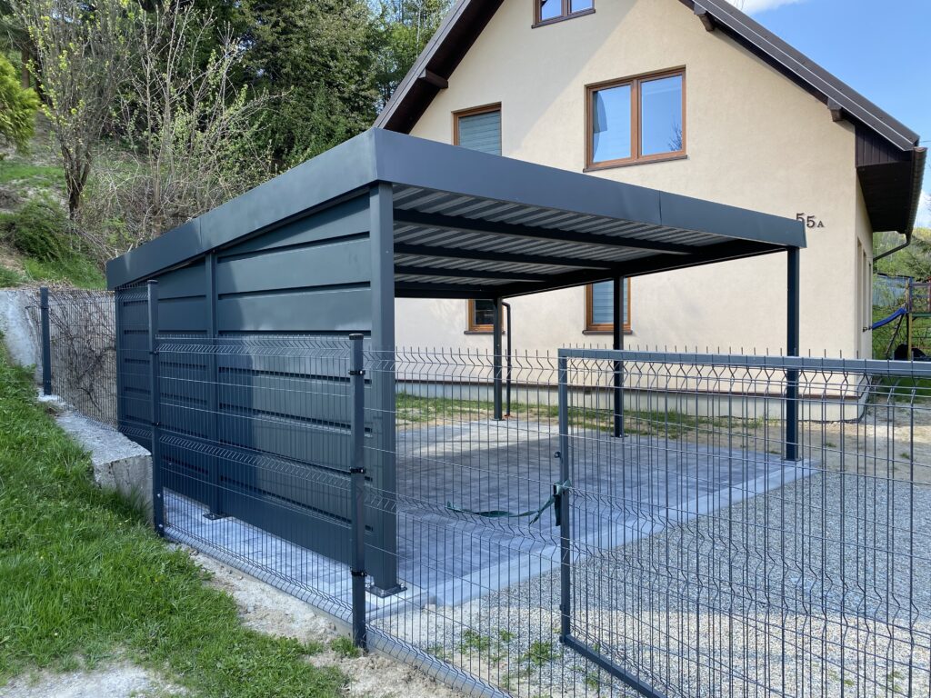 Nowoczesny carport dwustanowiskowy Kraków od Insteelglass – stalowa wiata garażowa na dwa samochody, atrakcyjna cena